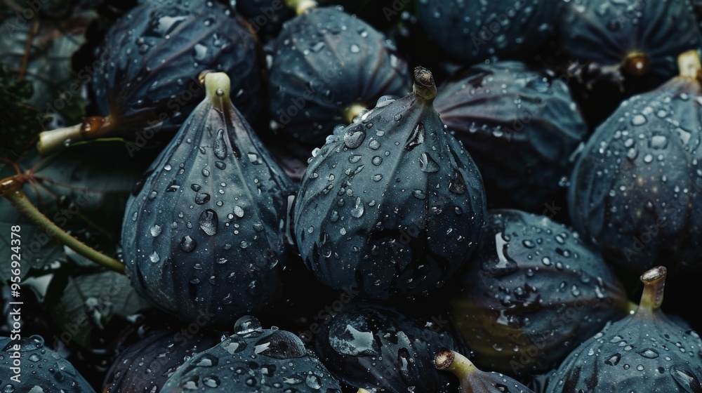A cluster of fresh figs covered in water droplets, with rich deep hues, highlighting their natural texture and freshness.