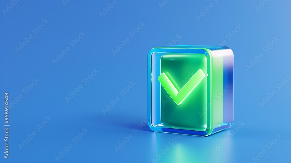 3D green check mark inside a transparent cube on a blue background representing approval or correctness. 3D green check mark inside a transparent cube on a blue background representing approval or correctness.