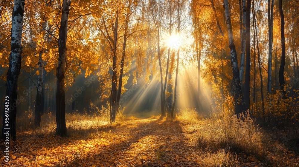 Fototapeta premium Golden sunlight filters through trees as autumn leaves