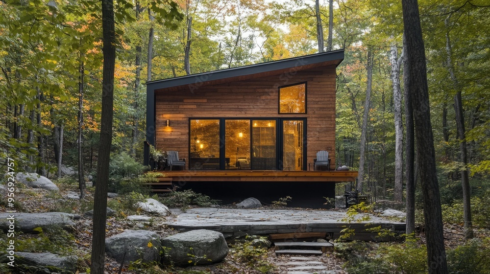 Modern cabin set in a peaceful forest, surrounded by nature, offering a cozy and serene retreat. Modern cabin set in a peaceful forest, surrounded by nature, offering a cozy and serene retreat.