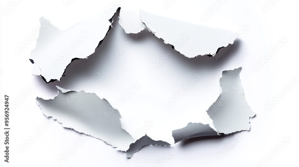 A ragged hole torn in ripped paper, isolated on a white background. A ragged hole torn in ripped paper, isolated on a white background.