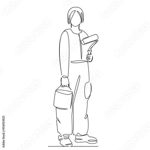 One continuous single drawing line art flat doodle person, indoor, woman, adult, one person, renovation, color image, diy, paint roller. Isolated image hand draw contour on a white backgroundr photo