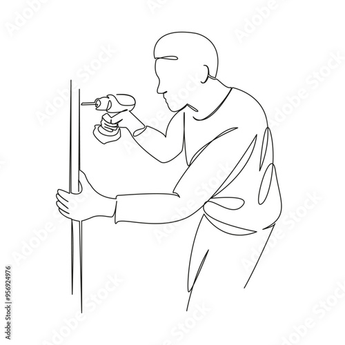 One continuous single drawing line art flat doodle screwdriver, furniture, man, horizontal, working, carpenter, adult, equipment. Isolated image hand draw contour on a white background