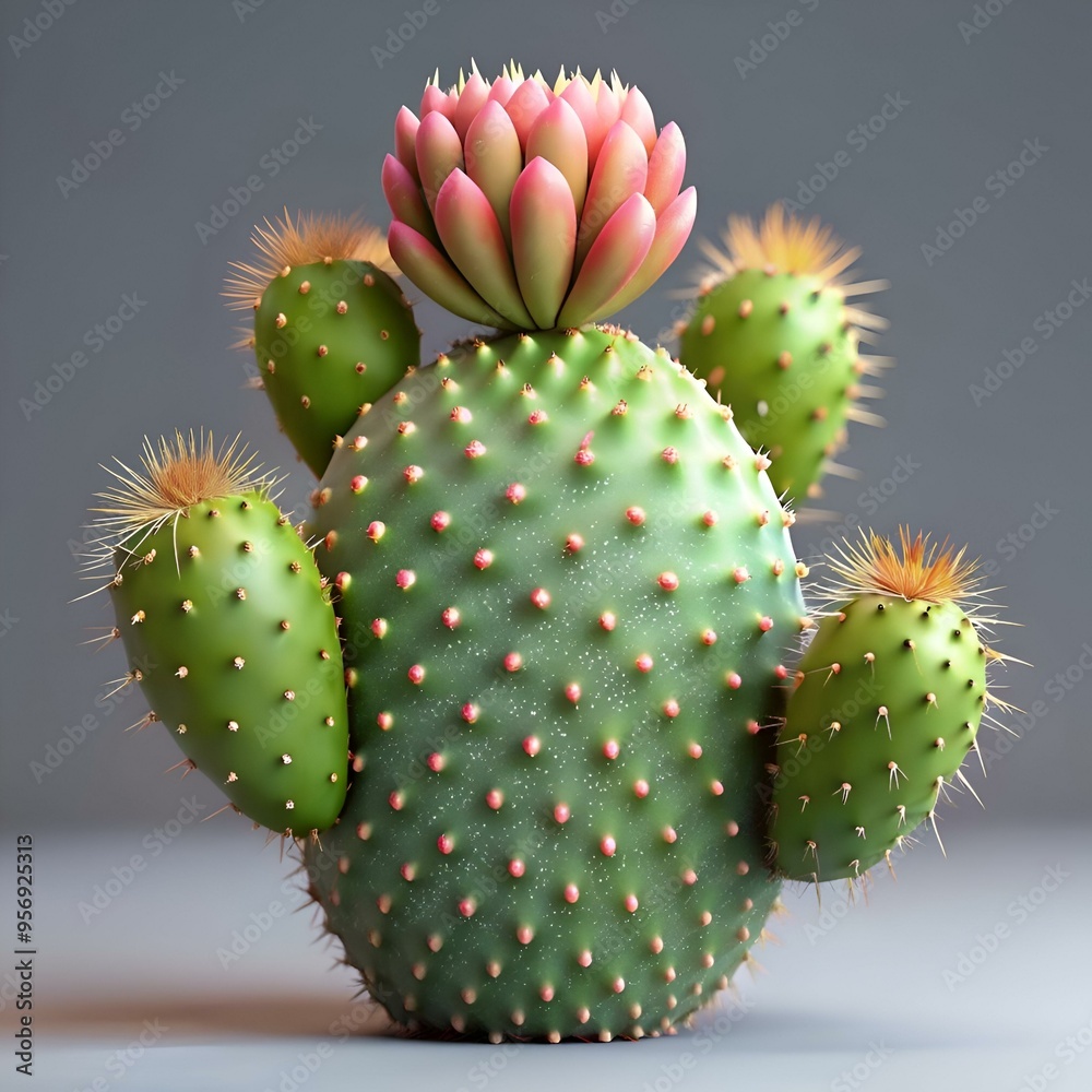 3D illustration of a prickly pear cactus with a pink flower.