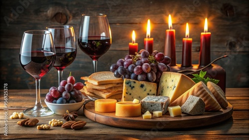 Elegant table setting featuring a selection of artisanal cheeses, crackers, and fresh grapes, paired with a bottle of rich, full-bodied red wine and candles.