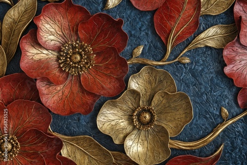 Wallpaper Mural Close-up group red gold flowers dark blue background Luxurious a Torontodigital.ca