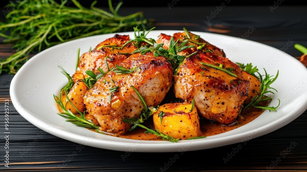 Succulent roasted chicken thighs served with golden potatoes and aromatic herbs on a white plate, perfect for food photography. Succulent roasted chicken thighs served with golden potatoes and aromatic herbs on a white plate, perfect for food photography.