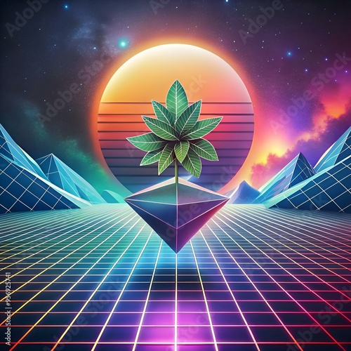 A vibrant 3D illustration of a Cuban oregano plant growing in a futuristic. neon lit landscape.