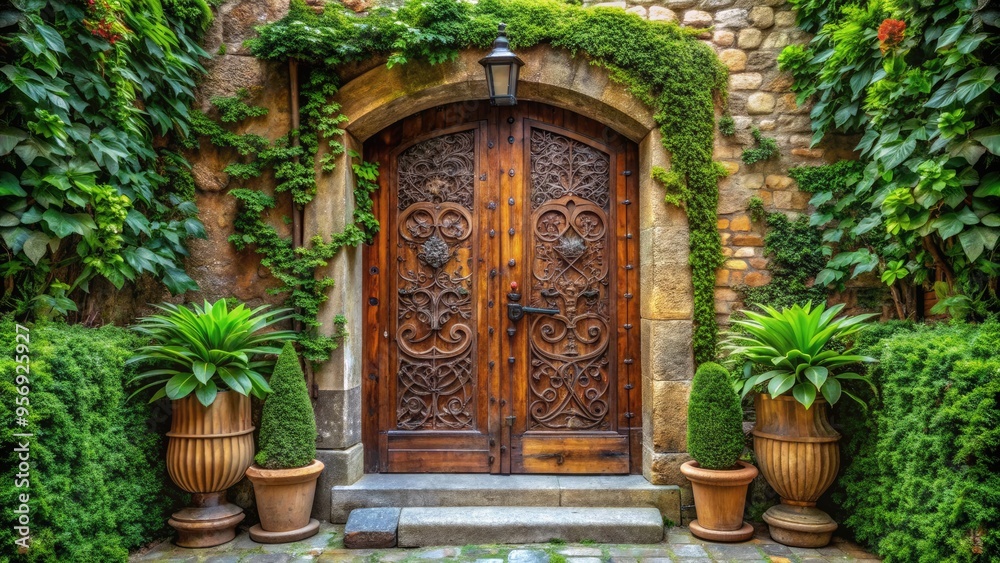 Elegant wooden door with intricate carvings and ornate ironwork hardware, adorned with lush greenery and surrounded by stone walls, in a serene rustic setting.