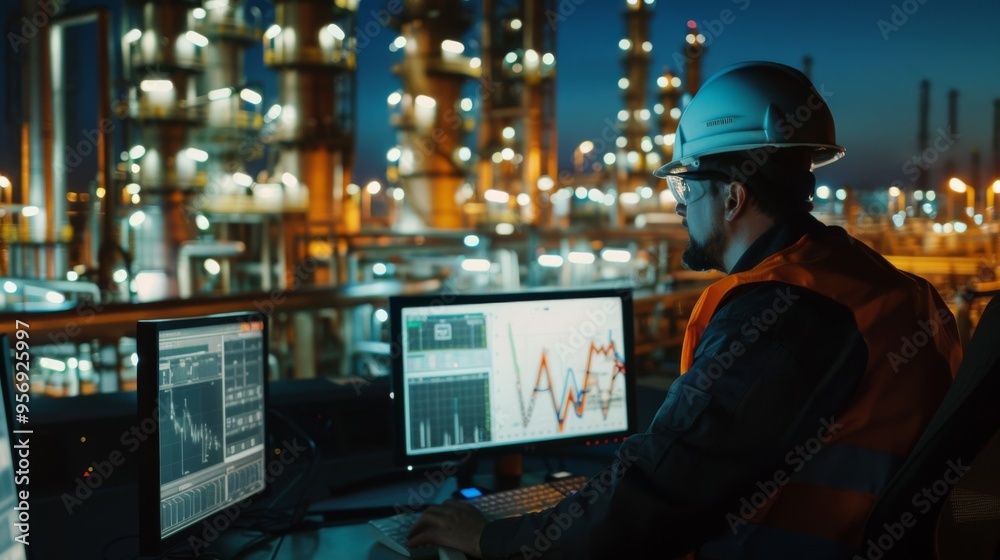 A worker monitors vital data from a control room at an illuminated industrial facility, ensuring efficient operations at dusk. A worker monitors vital data from a control room at an illuminated industrial facility, ensuring efficient operations at dusk.