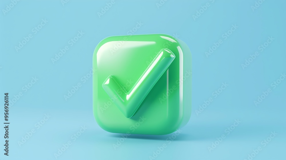 3D green checkmark inside a glossy square icon on a light blue background, representing approval, success, or completion. 3D green checkmark inside a glossy square icon on a light blue background, representing approval, success, or completion.