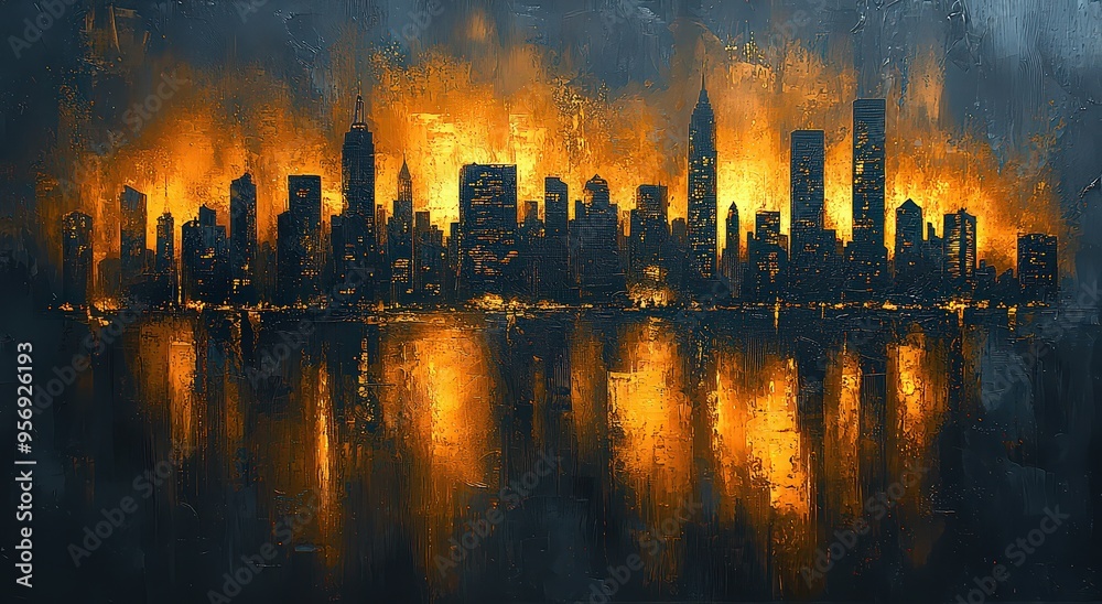 Obraz premium Abstract painting of the city skyline, in gold and black, with brushstrokes, minimalistic in style.
