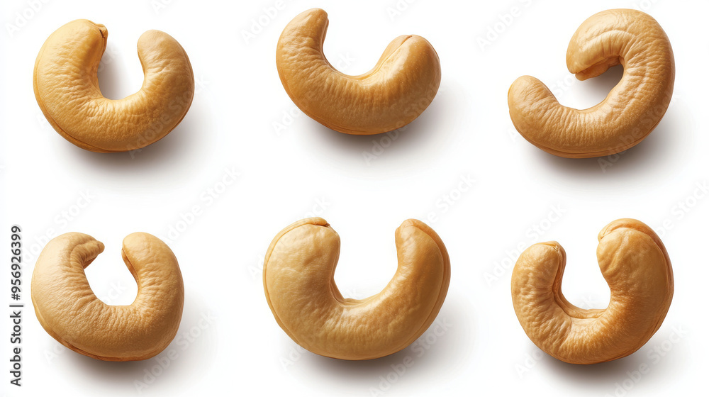 Set of delicious cashew nuts, showcasing whole nuts and halves, isolated on a white background. Set of delicious cashew nuts, showcasing whole nuts and halves, isolated on a white background.