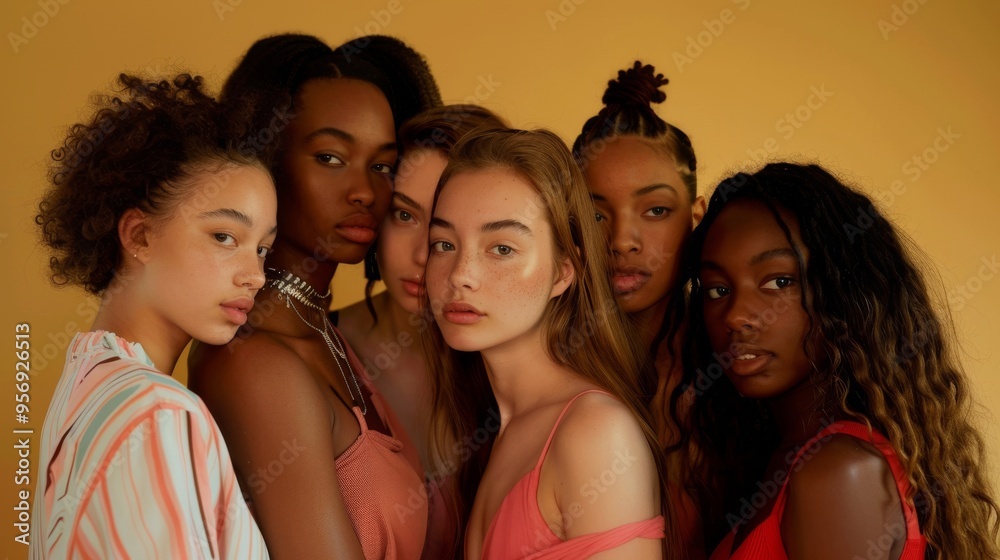 Obraz premium A diverse group of women pose together, exuding strength and elegance against a soft blue background.