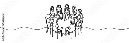 group of people sitting in a circle for a discussion or meeting drawn by one line. Vector illustration.
