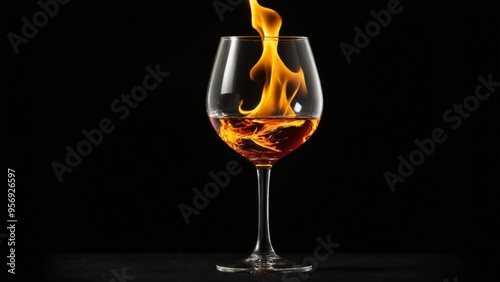 Close-up wine glass fire burning inside made clear A fiery twis