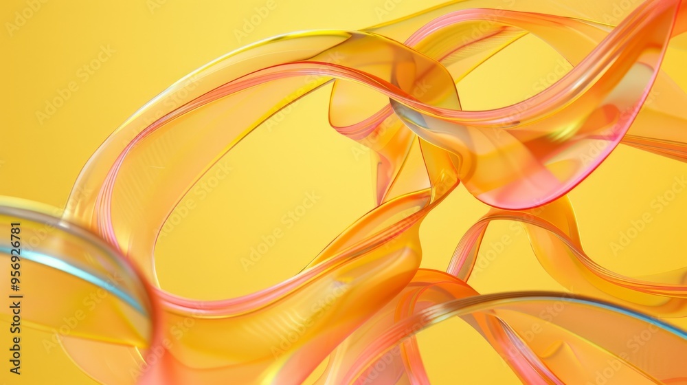 Bright and translucent ribbons interweave in a mesmerizing dance, set against a yellow backdrop, creating a fluid and vibrant abstract artwork. Bright and translucent ribbons interweave in a mesmerizing dance, set against a yellow backdrop, creating a fluid and vibrant abstract artwork.