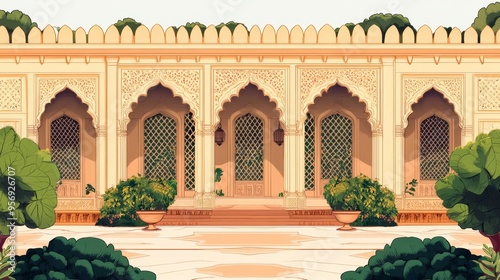 Wallpaper Mural Intricate doodle-style Mughal garden featuring detailed lattice windows and elegant arches Torontodigital.ca