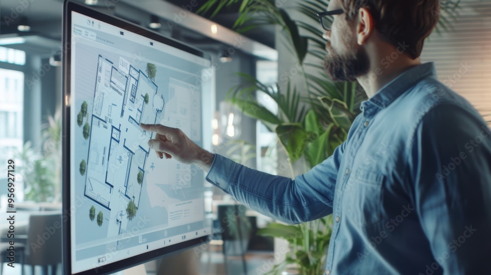 A professionally-dressed man engages with a digital touchscreen in a bright modern office, examining detailed architectural plans surrounded by greenery. A professionally-dressed man engages with a digital touchscreen in a bright modern office, examining detailed architectural plans surrounded by greenery.