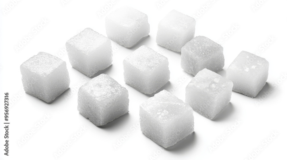 Set of white sugar cubes, each with a granular texture, arranged separately on a white background. Set of white sugar cubes, each with a granular texture, arranged separately on a white background.
