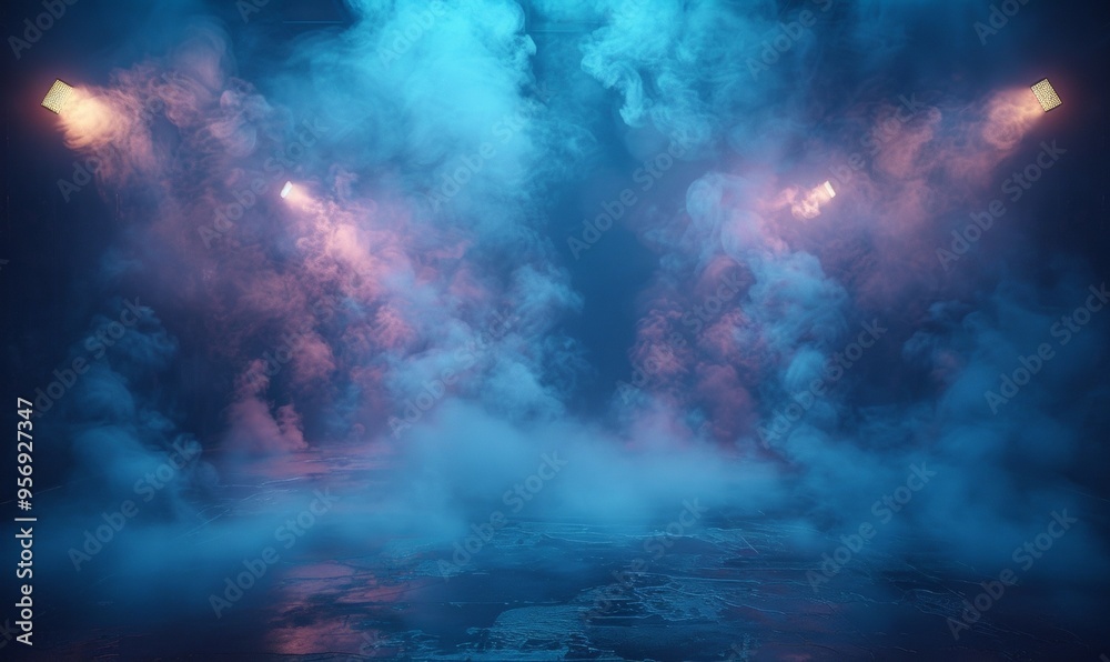Wall fog with red lighting and blue smoke background. Concrete room with dark neon lighting for futuristic cyber design Wall fog with red lighting and blue smoke background. Concrete room with dark neon lighting for futuristic cyber design