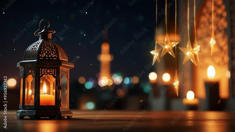 lantern candle with mosque blur background. seamless looping 4k video background animation
