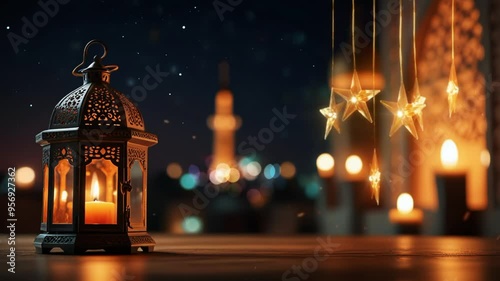 lantern candle with mosque blur background. seamless looping 4k video background animation