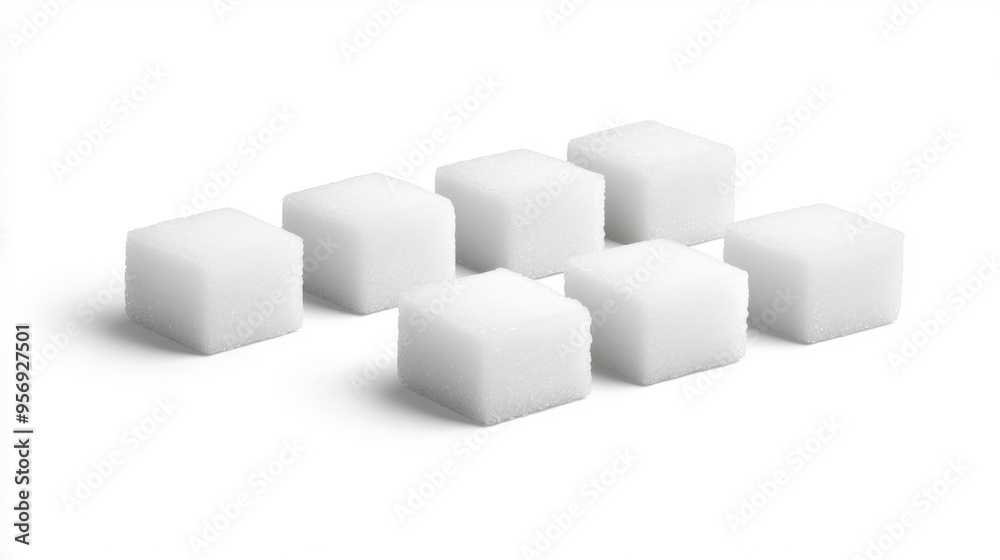 Set of white sugar cubes, each with a granular texture, arranged separately on a white background. Set of white sugar cubes, each with a granular texture, arranged separately on a white background.