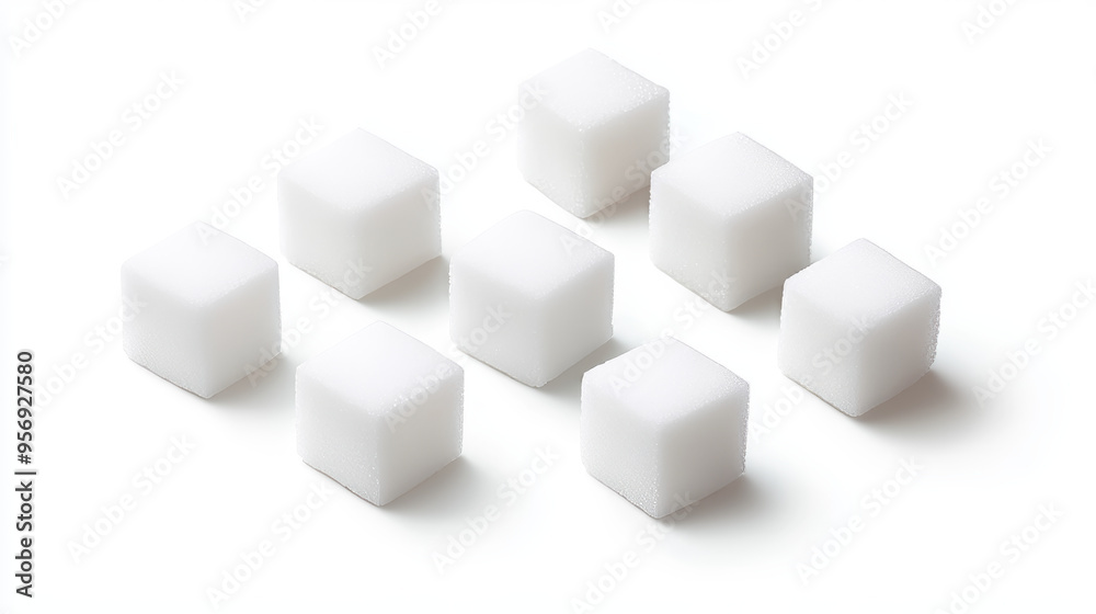 Set of white sugar cubes, each with a granular texture, arranged separately on a white background. Set of white sugar cubes, each with a granular texture, arranged separately on a white background.