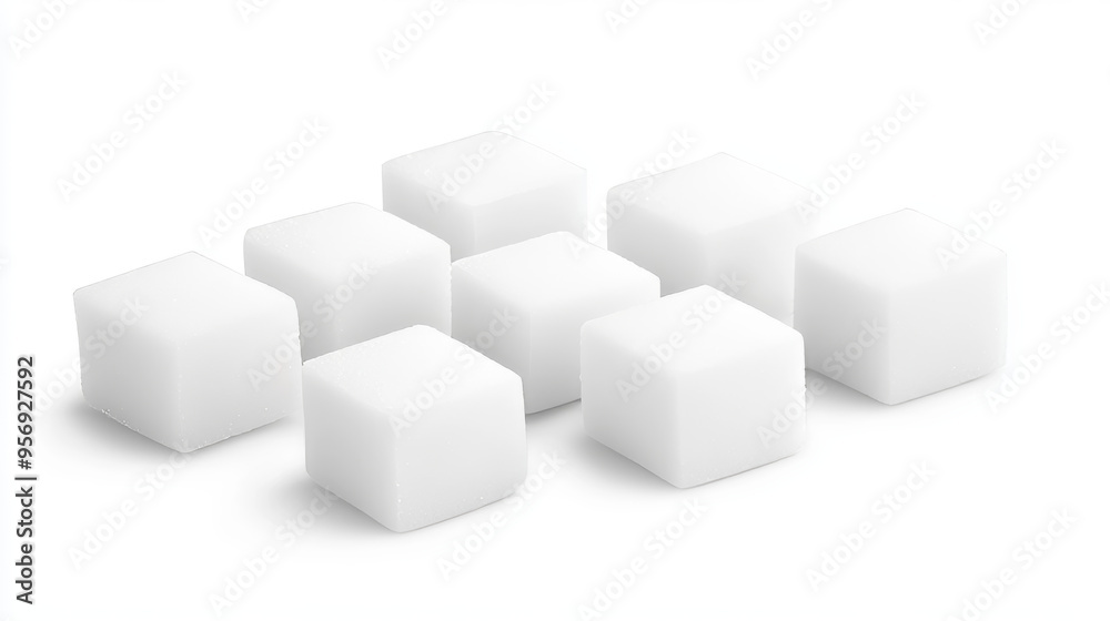 Set of white sugar cubes, each with a granular texture, arranged separately on a white background. Set of white sugar cubes, each with a granular texture, arranged separately on a white background.