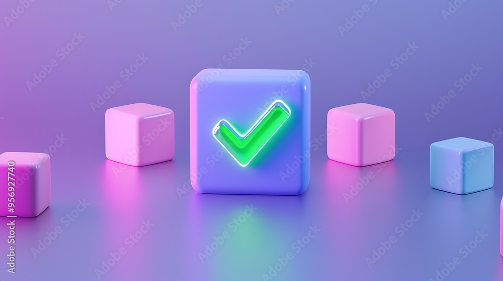 3D illustration of a checkmark on a glowing cube amongst pastel blocks on a gradient background. Modern, vibrant design element. 3D illustration of a checkmark on a glowing cube amongst pastel blocks on a gradient background. Modern, vibrant design element.