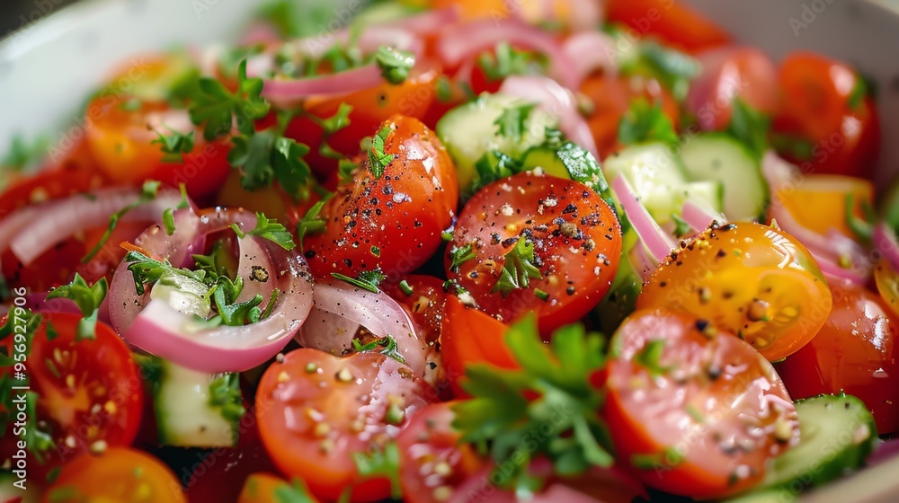 Fresh and vibrant salad with cherry tomatoes, sliced cucumbers, red onions, and herbs. Fresh and vibrant salad with cherry tomatoes, sliced cucumbers, red onions, and herbs.