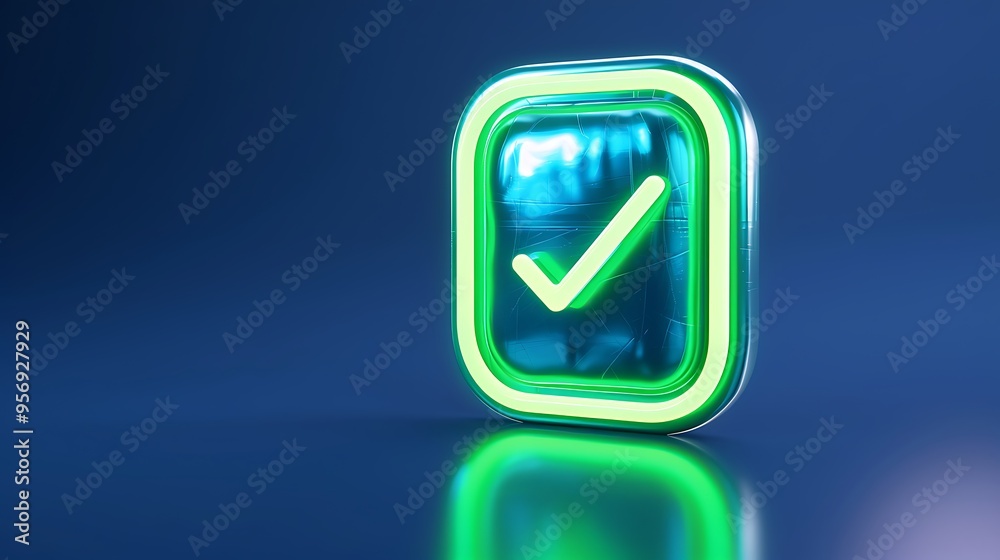 3D illustration of a digital check mark icon glowing with a neon green light against a blue background, symbolizing success and approval. 3D illustration of a digital check mark icon glowing with a neon green light against a blue background, symbolizing success and approval.