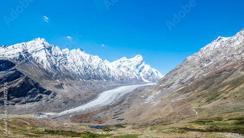 Drang Drung Glacier is a mountain glacier that is visible from the Pensi La mountain pass on the Kargil Zanskar Road.
