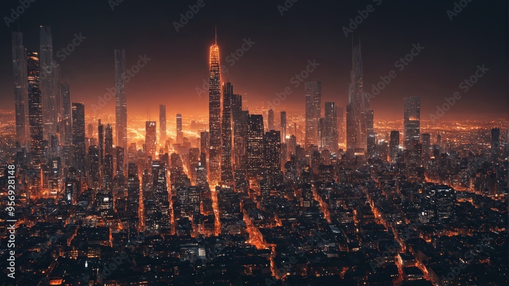 Naklejka premium Digital illustration city skyline night background dark lit 3D f