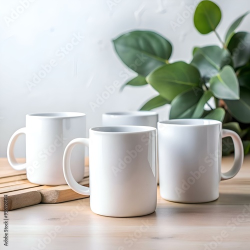 Four blank white mugs arranged on a wooden table. perfect for showcasing your designs or branding.
