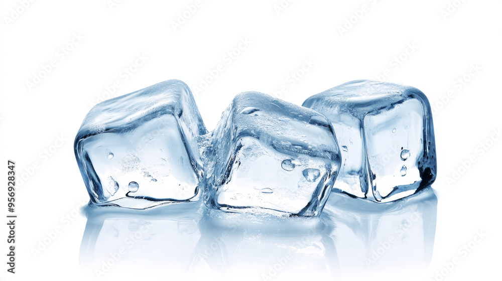 Three transparent ice cubes, floating individually on a pure white background.