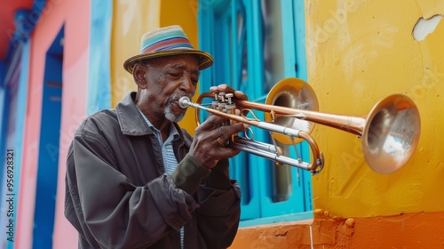 A man plays a trumpet against a vibrantly painted building, creating a lively and artistic street scene.