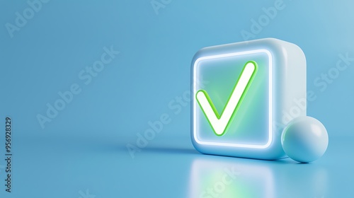 3D illustration of a glowing green check mark inside a white 3D box, representing approval or confirmation on a blue background.