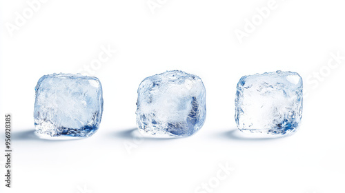 Three transparent ice cubes, floating individually on a pure white background.