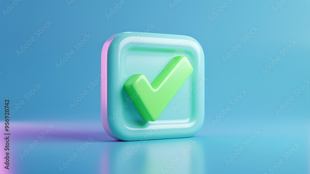 3D illustration of a green check mark on a rounded blue square, symbolizing approval and success against a gradient background. 3D illustration of a green check mark on a rounded blue square, symbolizing approval and success against a gradient background.