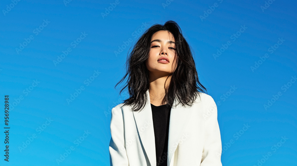 Portrait of a young Asian woman with long black hair wearing a white blazer and black shirt, posing against a clear blue sky backdrop. Portrait of a young Asian woman with long black hair wearing a white blazer and black shirt, posing against a clear blue sky backdrop.