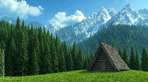 An old log cabin stands amid tall pine trees, surrounded by lush greenery, with a bright blue sky overhead, capturing the essence of a perfect summer day in nature