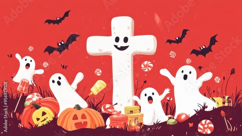 Friendly Halloween Cross with Cute Ghosts and Candy Decorations for Festive Celebration