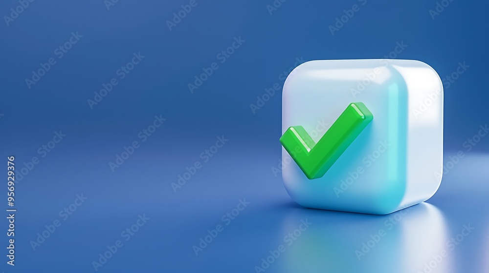3D illustration of a green checkmark on a glossy white cube against a blue background, symbolizing approval, validation, and success. 3D illustration of a green checkmark on a glossy white cube against a blue background, symbolizing approval, validation, and success.