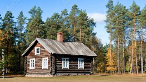 An old log cabin stands amid tall pine trees, surrounded by lush greenery, with a bright blue sky overhead, capturing the essence of a perfect summer day in nature