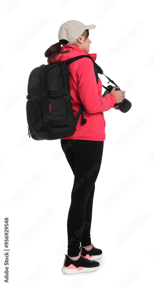 Photographer with backpack and camera on white background Photographer with backpack and camera on white background