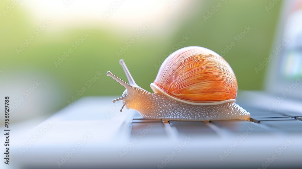 Obraz premium Giant Snail at Work, A whimsical scene depicting a giant snail diligently typing on a computer, showcasing the humor in the slow pace of online tasks in a spacious environment