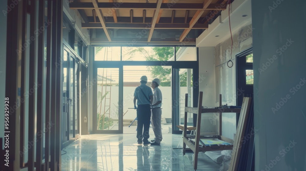 Two construction workers stand inside a partially built house, discussing plans and progress with beams and open space hinting at ongoing construction. Two construction workers stand inside a partially built house, discussing plans and progress with beams and open space hinting at ongoing construction.