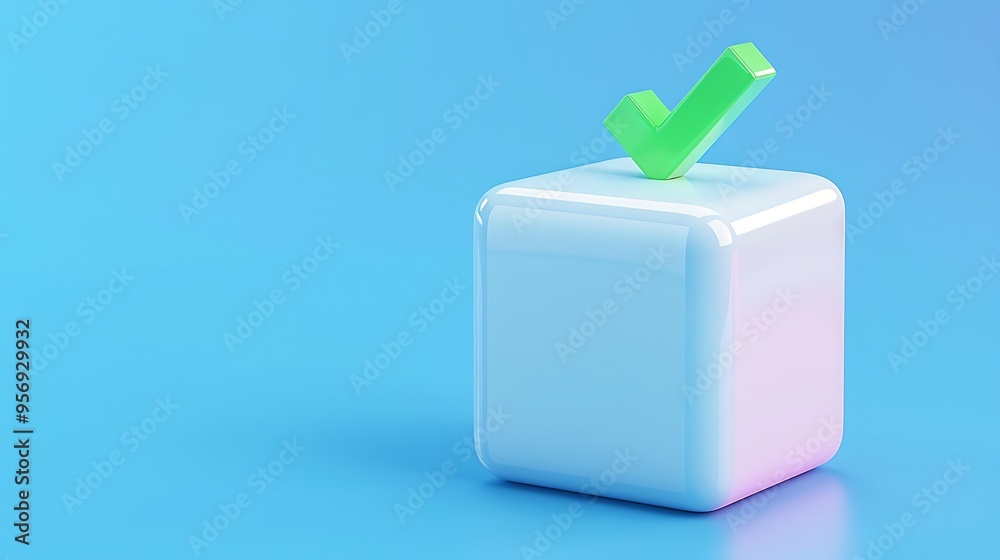 3D illustration of a white cube with a green checkmark on a blue background, symbolizing approval, success, or affirmation. 3D illustration of a white cube with a green checkmark on a blue background, symbolizing approval, success, or affirmation.